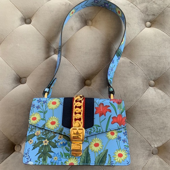 Gucci Handbags - GUCCI Calfskin Flora Sylvie Shoulder Bag Blue